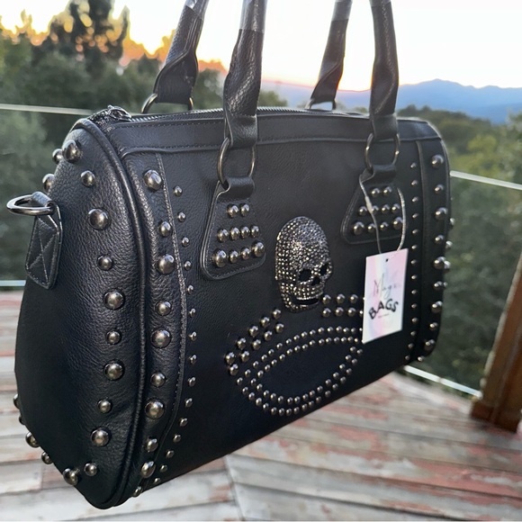 ☠️ Skull Studded Punk Moto Black Tote Crossbody Bag - Picture 3 of 16